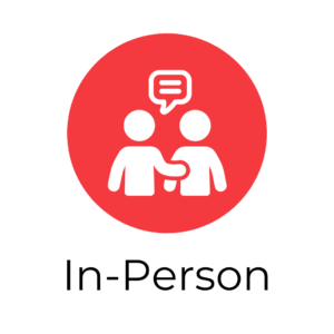 Circle with two people speaking icon, above the text "in-person"